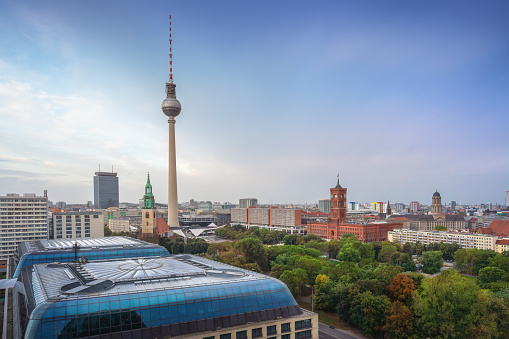 Aerial view of Berlin with TV Tower, St. Mary Church, Berlin City Hall and Old City Hall - Berlin, Germany