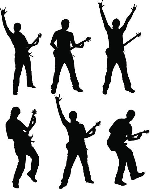 ilustrações de stock, clip art, desenhos animados e ícones de conjunto de silhueta de guitarrista - rock&roll