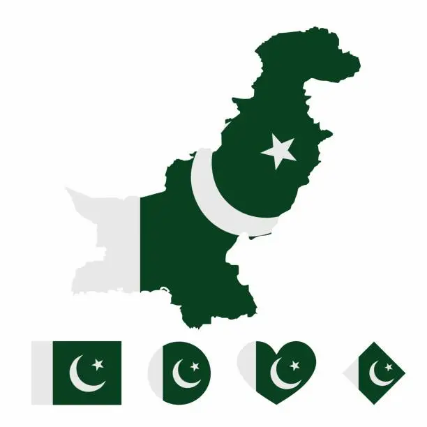 Vector illustration of Vector of Pakistan map flag with flag set isolated on white background.