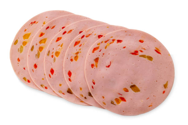 Paprika lyoner sausage Paprika lyoner sausage slices with red bell pepper, isolated on white with clipping path baloney stock pictures, royalty-free photos & images