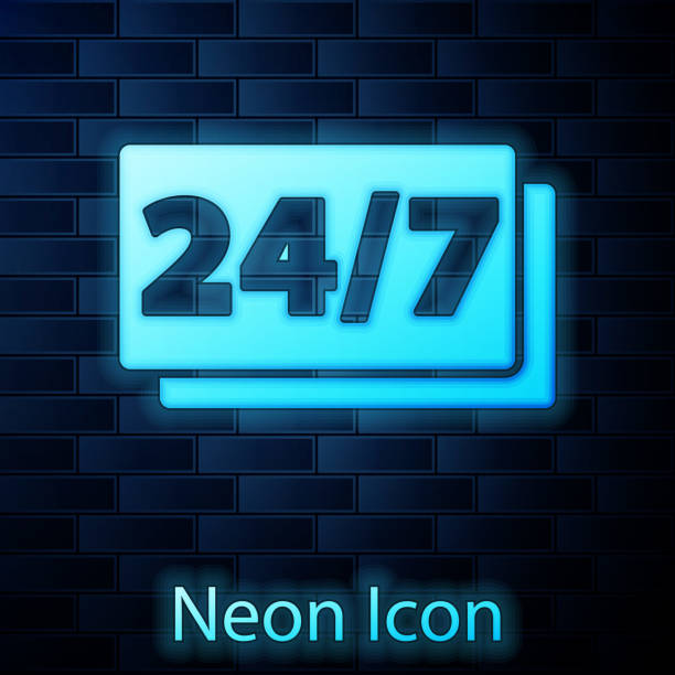 istock Glowing neon Clock 24 hours icon isolated on brick wall background. All day cyclic icon. 24 hours service symbol. Vector 1482902040