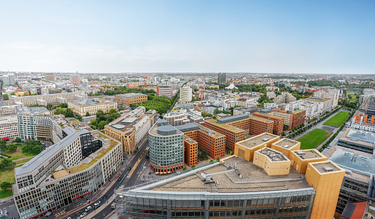 Panoramic aerial view of Kreuzberg and buildings around Potsdamer Platz - Berlin, Germany
