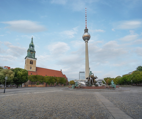 TV Tower (Fernsehturm), Neptune Fountain and St. Mary Church - Berlin, Germany