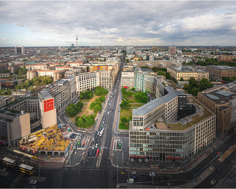 Berlin, Germany - Sep 5, 2019: Aerial view of Leipziger Platz Octogonal Square and Berlin Skyline - Berlin, Germany