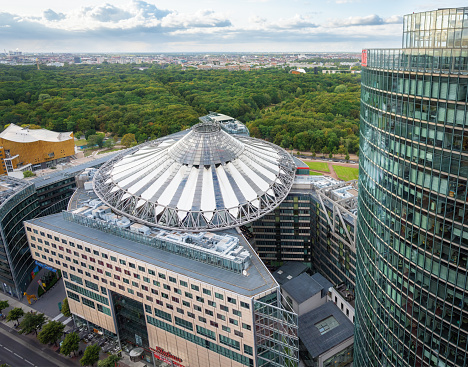 Berlin, Germany - Sep 5, 2019: Aerial view of Sony Center at Potsdamer Platz - Berlin, Germany
