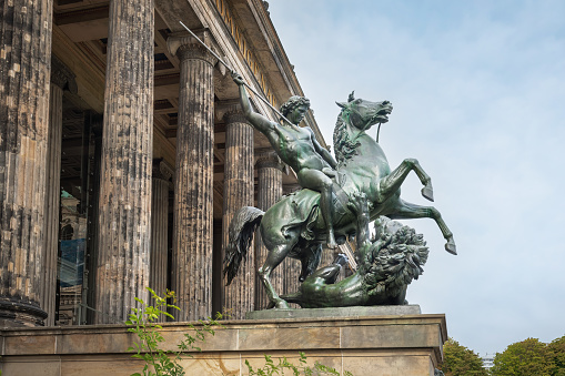 Berlin, Germany - Sep 7, 2019: Lion Fighter Statue in front of Altes Museum (Old Museum) - Berlin, Germany