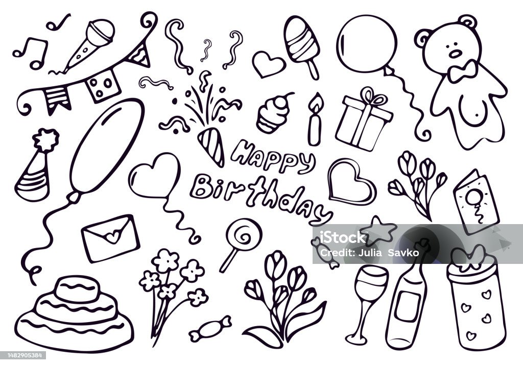 Set Of Happy Birthday Colorful Doodle Elements Isolated On White ...