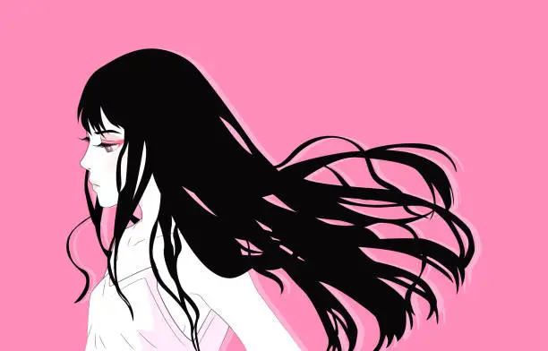 Vector illustration of Horizontal Vector art with anime girl on pink background.