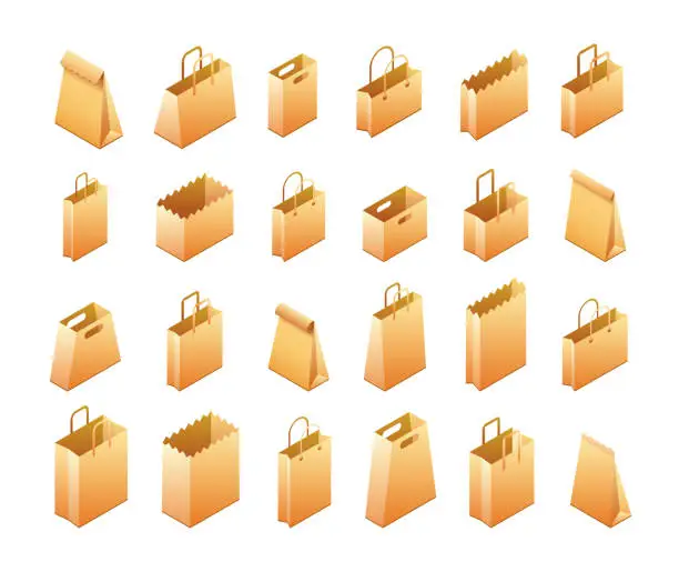 Vector illustration of Paper Bags, Packaging Isometric Vector Set