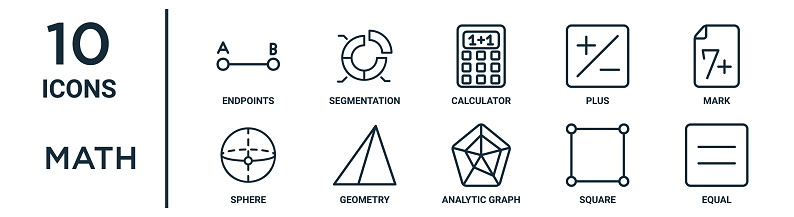 math outline icon set includes thin line endpoints, calculator, mark, geometry, square, equal, sphere icons for report, presentation, diagram, web design