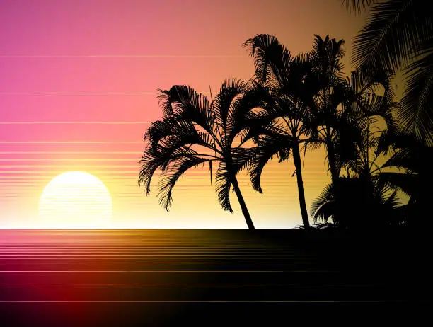 Vector illustration of Retro vapor-wave tropical sunset vector illustration