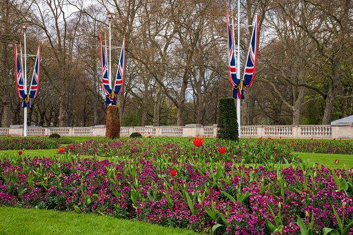 Flowerbeds in front of Buckingham Palace with Union Jack flags
