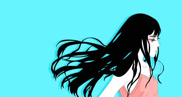 Vector illustration of Horizontal Vector art with anime girl on blue background. Vector illustration
