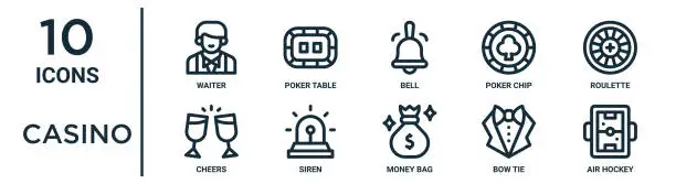 Vector illustration of casino outline icon set includes thin line waiter, bell, roulette, siren, bow tie, air hockey, cheers icons for report, presentation, diagram, web design