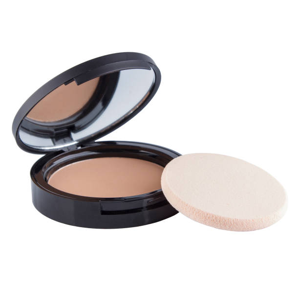 istock Cosmetic compact powder for face makeup in a plastic case with a mirror and a sponge on a white background 1482907635