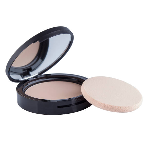 istock Cosmetic compact powder for face makeup in a plastic case with a mirror and a sponge on a white background 1482907674