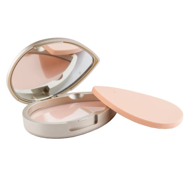 istock Cosmetic compact powder for face makeup in a plastic case with a mirror and a sponge on a white background 1482907820