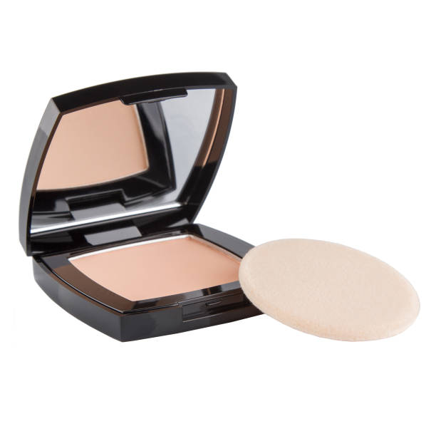 istock Cosmetic compact powder for face makeup in a plastic case with a mirror and a sponge on a white background 1482907844