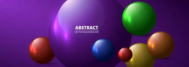 Vector illustration of Multicolored realistic vector 3d spheres and balls on a wide violet background. Abstract modern banner geometric three-dimensional vector illustration