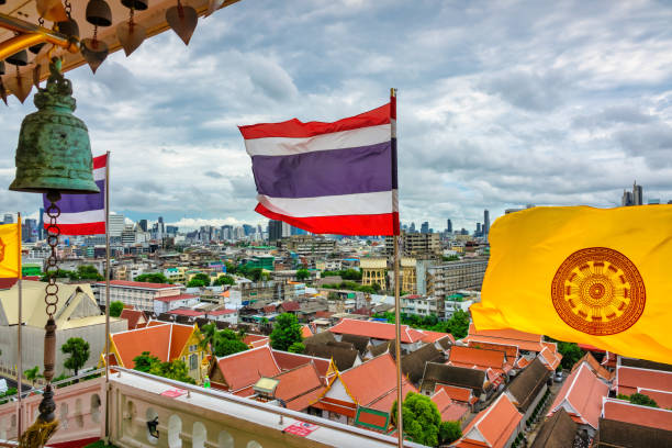 Flag of Thailand and Buddhist flag on the Golden Mount at Wat Saket in Bangkok, Thailand.