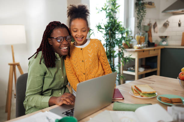 istock Mother and daughter using laptop at home 1482911275