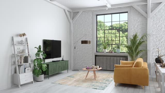 Modern Living Room Interior With Television Set, Leather Armchair, Floor Lamp, Coffee Table And Potted Plants