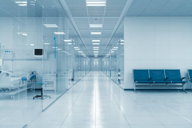 3d render of hospital corridor with benches - hastane stok fotoğraflar ve resimler