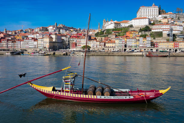 Oporto, Portugal. February 14, 2023. Ribeira do Porto, Porto riverside, Douro River and a ship