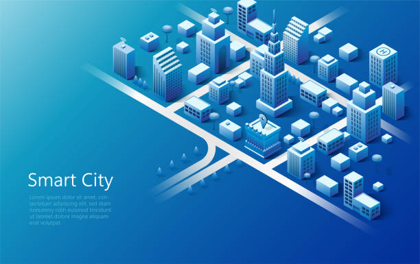 Isometric smart city design concept. Business center with skyscrapers and intelligent buildings. Isometric smart city design concept. Business center with skyscrapers and intelligent buildings. isometric smart city stock illustrations