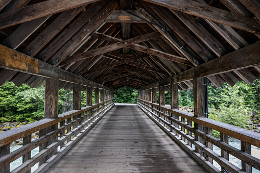 Covered Bridge over Fitzsimmons River in Whistler. Whistler is one of British Columbia's premier tourist destinations.