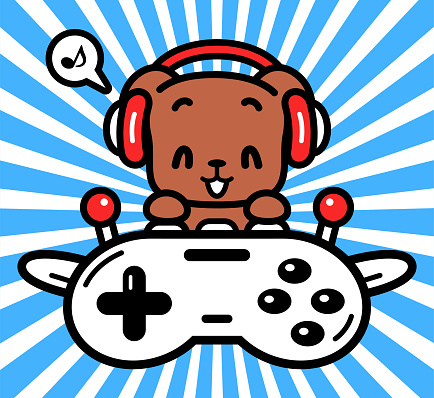 Animal characters vector art illustration.
Cute character design of a labrador retriever wearing headphones and flying a plane made out of a game controller.