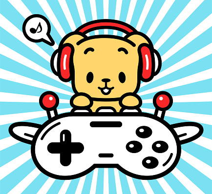 Animal characters vector art illustration.
Cute character design of a labrador retriever wearing headphones and flying a plane made out of a game controller.