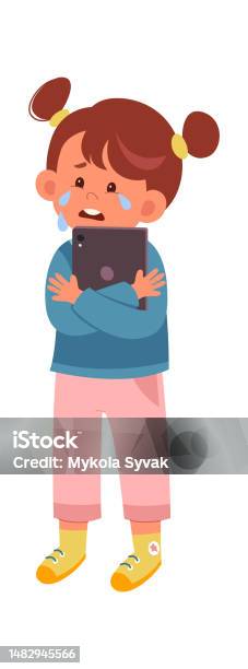 Little Girl Crying Using Tablet Child Girl Crying With Tablet Stock Illustration - Download Image Now ...