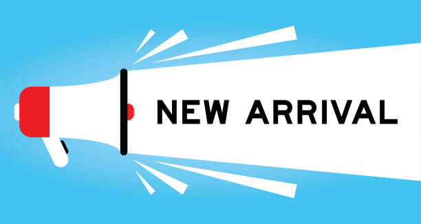 istock Color megaphone icon with word new arrival in white banner on blue background 1482949753