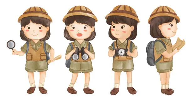 Vector illustration of Collection of Girl scout with hiking suit . Realistic watercolor paint with paper textured . Cartoon character design . Vector .