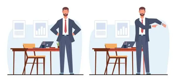 Vector illustration of Angry manager, disgruntled boss points to his wristwatch. Supervisor negative emotions. Employee late on work, man in suit. Office interior. Cartoon flat illustration. Vector concept