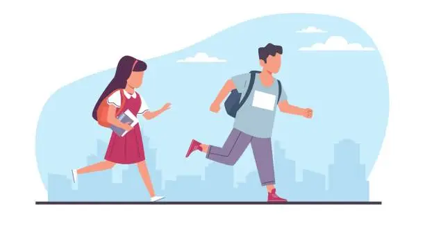 Vector illustration of Boy and girl students are late to school for class. Children running with backpack, joyful hurrying pupils, hasten character active pose, cartoon flat style isolated illustration. Vector concept