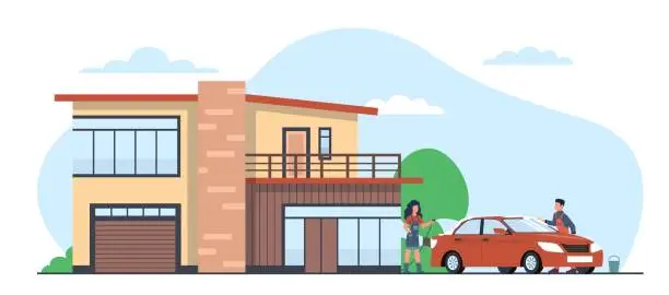 Vector illustration of Couple washes car in front of country house. Family cleaning automobile outdoors using shampoo and hose. Clearing vehicle on home yard, cottage facade cartoon flat style vector concept