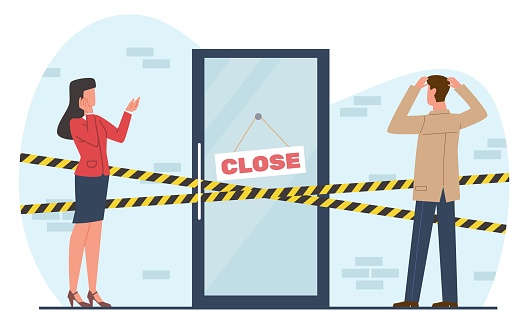 Disturbed man and woman stand near closed door in bewilderment. Locked store or restaurant. Yellow and black forbidden ribbon, urban house exterior cartoon flat isolated illustration. Vector concept