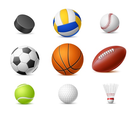 Realistic sport balls. Detailed 3d leather balls, hockey puck, shuttlecock for badminton, soccer, rugby and basketball, tennis and golf, volleyball and football games equipment utter vector set