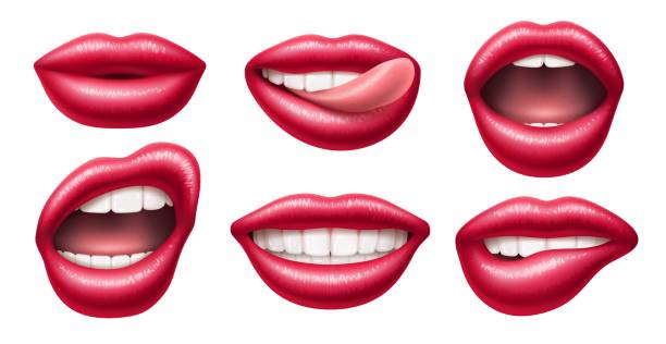 リアルな女性の唇。明るい口紅を持つ光沢のある口、3d分離型体の部分、さまざまな表情、舌と白い歯、突き出た舌、女性の美しさの赤い化粧品の音声ベクター画像セット - body human lips vehicle part women点のイラスト素材／クリップアート素材／マンガ素材／アイコン素材
