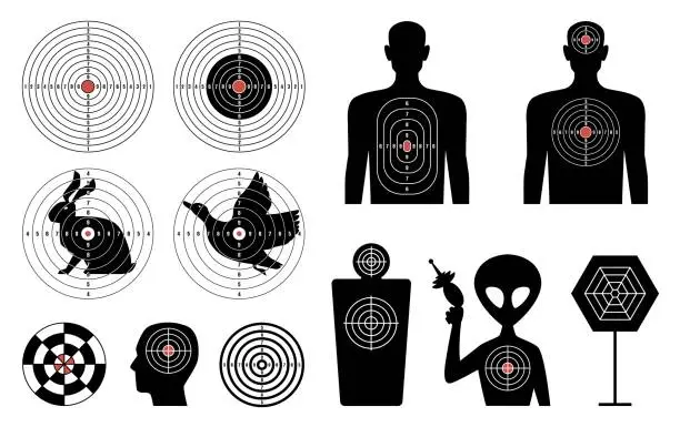 Vector illustration of Target silhouettes. Figures with marks for shooting range template, black forms with markup, people, animals, birds and alien, archery and pistol shoot or darts practice, nowaday vector set