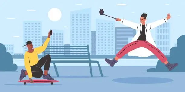 Vector illustration of People making selfie. Guys on skateboards in city park take photos of tricks. Extreme sports hobby. Men posing or shooting photographies by smartphones. Phone snapshots. Vector concept