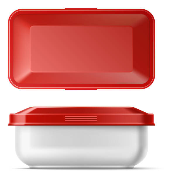 ilustrações de stock, clip art, desenhos animados e ícones de realistic food container. plastic product box with red cap. home meal storage packaging mockup. white jar. square pot. top and side view. snack pack. vector isolated reusable package - lunch box lunch bucket box