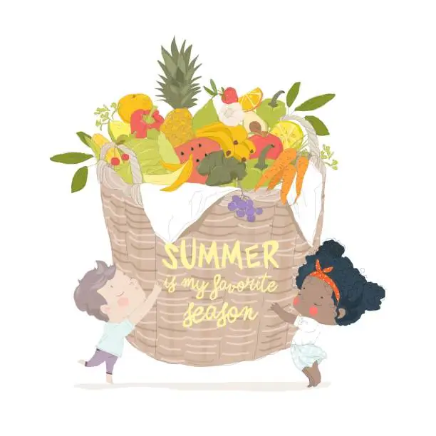 Vector illustration of Cute Cartoon Children holding a Big Basket of Fruit and Vegetable Harvest