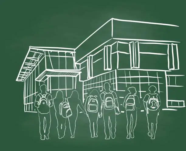 Vector illustration of Library Building Chalkboard With Student