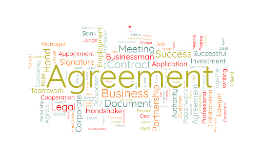 Word cloud background concept for Agreement. Corporate contract document, legal business collaboration of financial right. vector illustration.