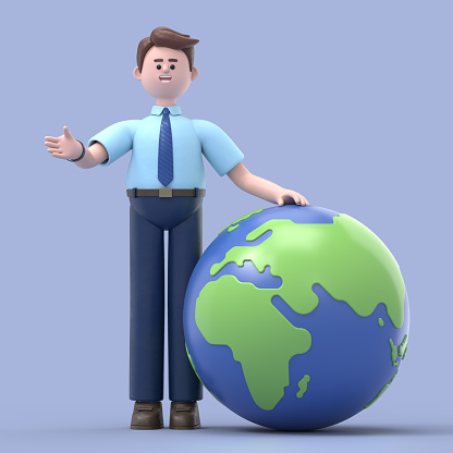 3D Illustration of smiling Asian man Felix standing with a globe. global business or ecology concept. 3D rendering on blue background.
