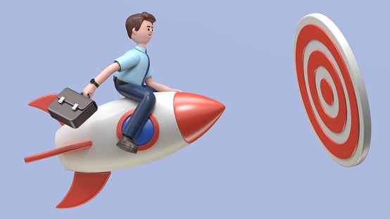 3D Illustration of smiling Asian man Felix flying forward with a rocket engine to big target. 3D rendering on blue background.
