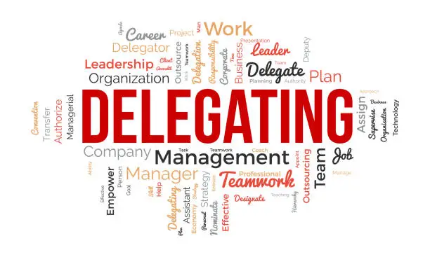 Vector illustration of Word cloud background concept for Delegating. Business responsibility, career management assign of strategic leadership approach. vector illustration.